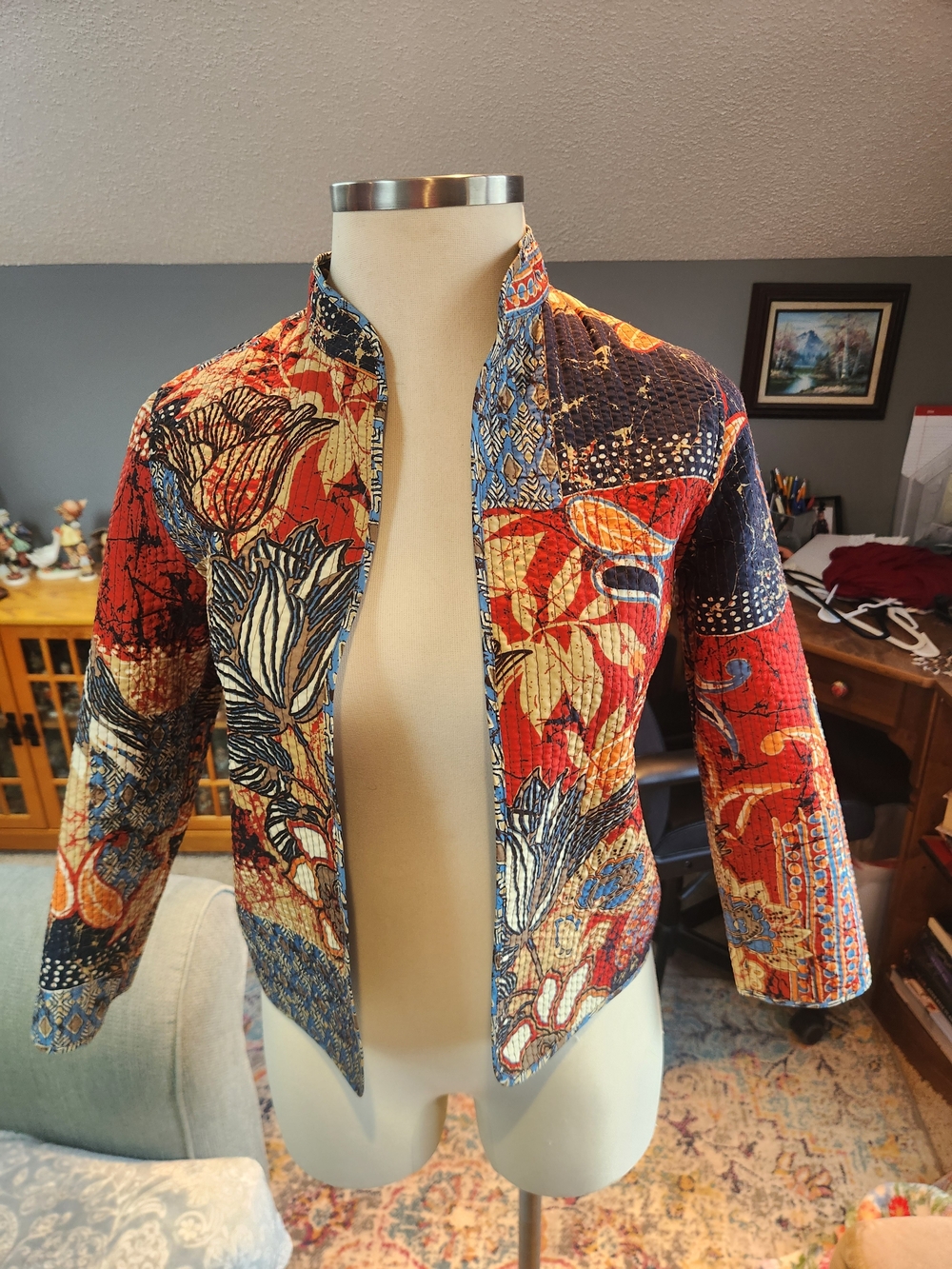Reversible Patterned Blue & Tan Women's Open Front Jacket Small Boho!